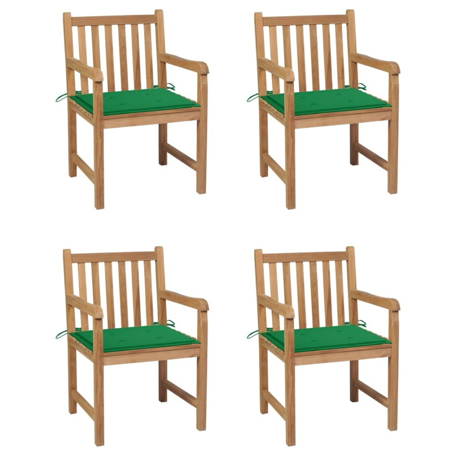 vidaXL Tuinstoelen 4 st met groene kussens massief teakhout afbeelding 1