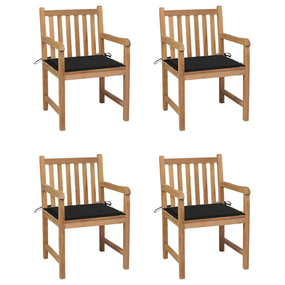 vidaXL Tuinstoelen 4 st met zwarte kussens massief teakhout afbeelding 1