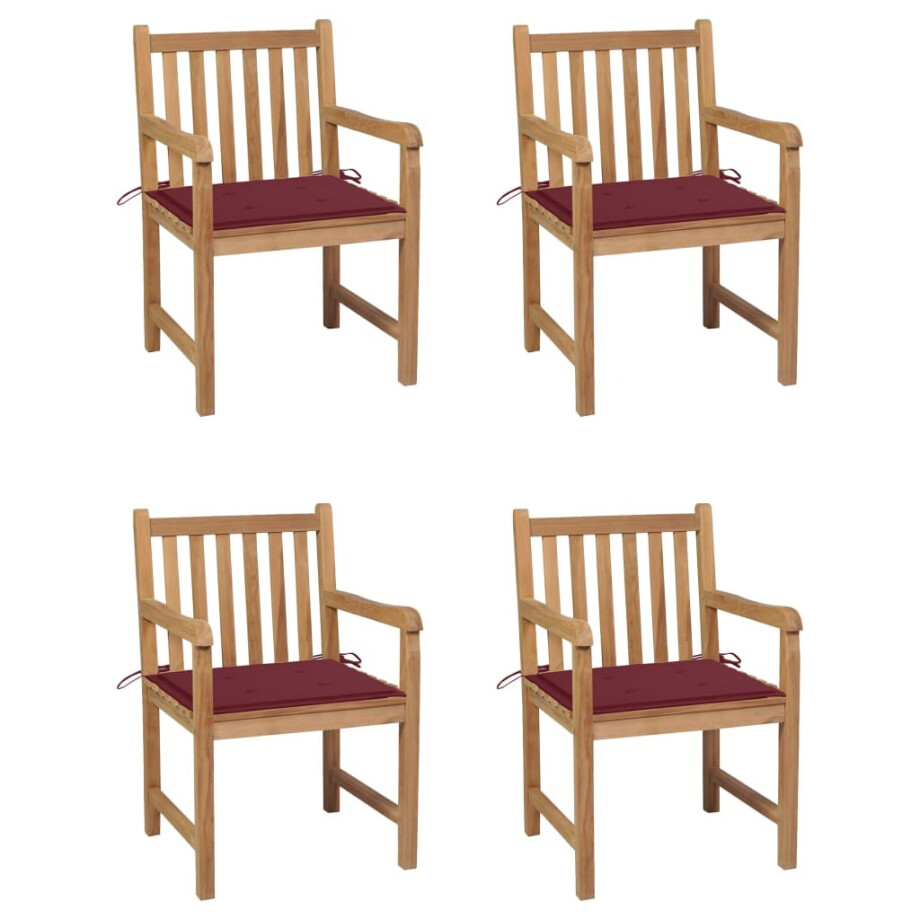 vidaXL Tuinstoelen 4 st met wijnrode kussens massief teakhout afbeelding 1