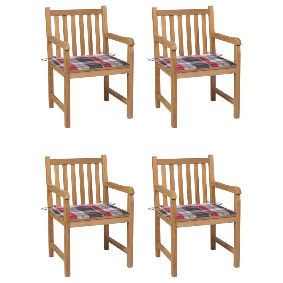 vidaXL Tuinstoelen 4 st met rood geruite kussens massief teakhout vidaXL Tuinstoelen 4 st met rood geruite kussens massief teakhout afbeelding 1