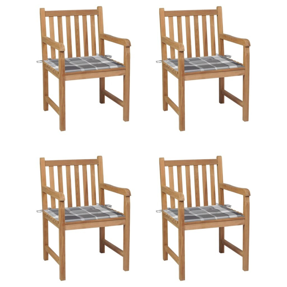 vidaXL Tuinstoelen 4 st met grijs geruite kussens massief teakhout afbeelding 1
