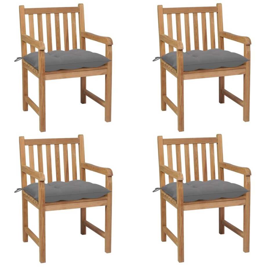 vidaXL Tuinstoelen 4 st met grijze kussens massief teakhout afbeelding 1