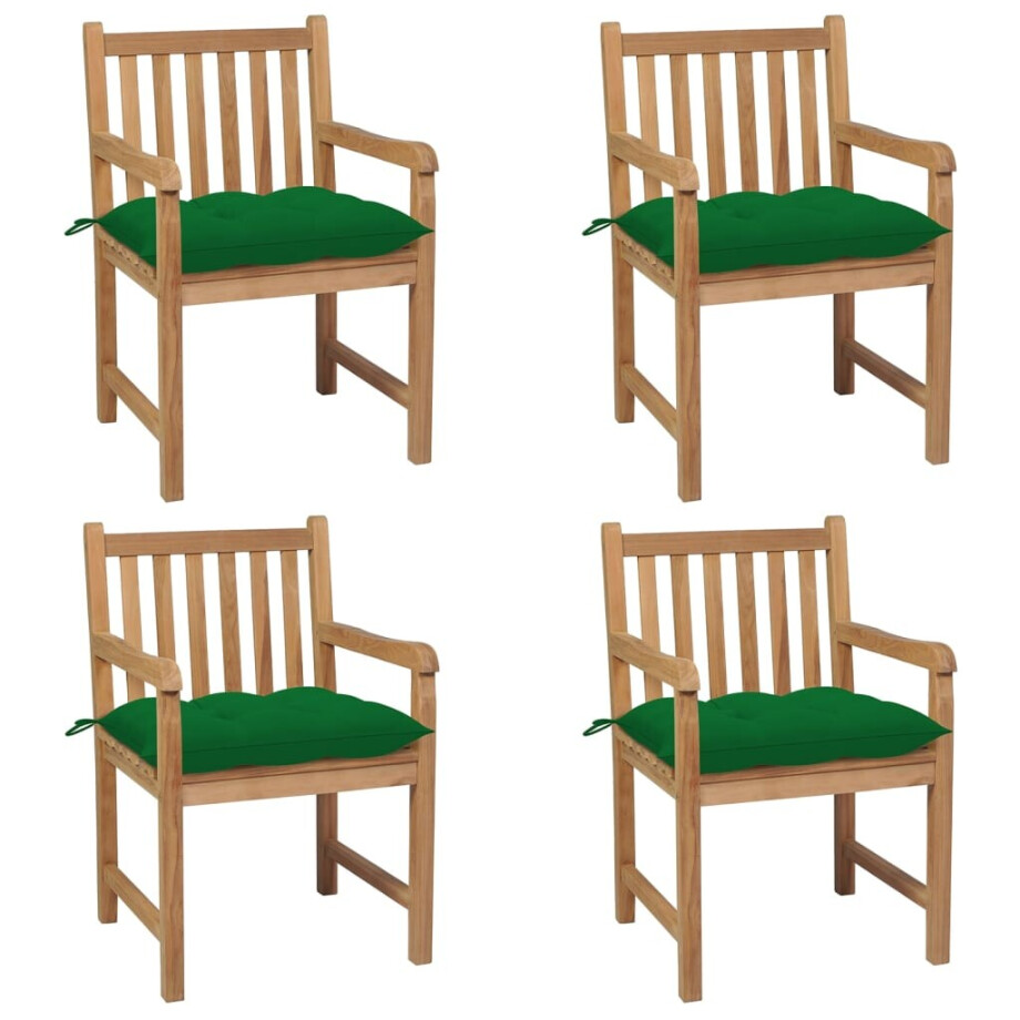 vidaXL Tuinstoelen 4 st met groene kussens massief teakhout afbeelding 1