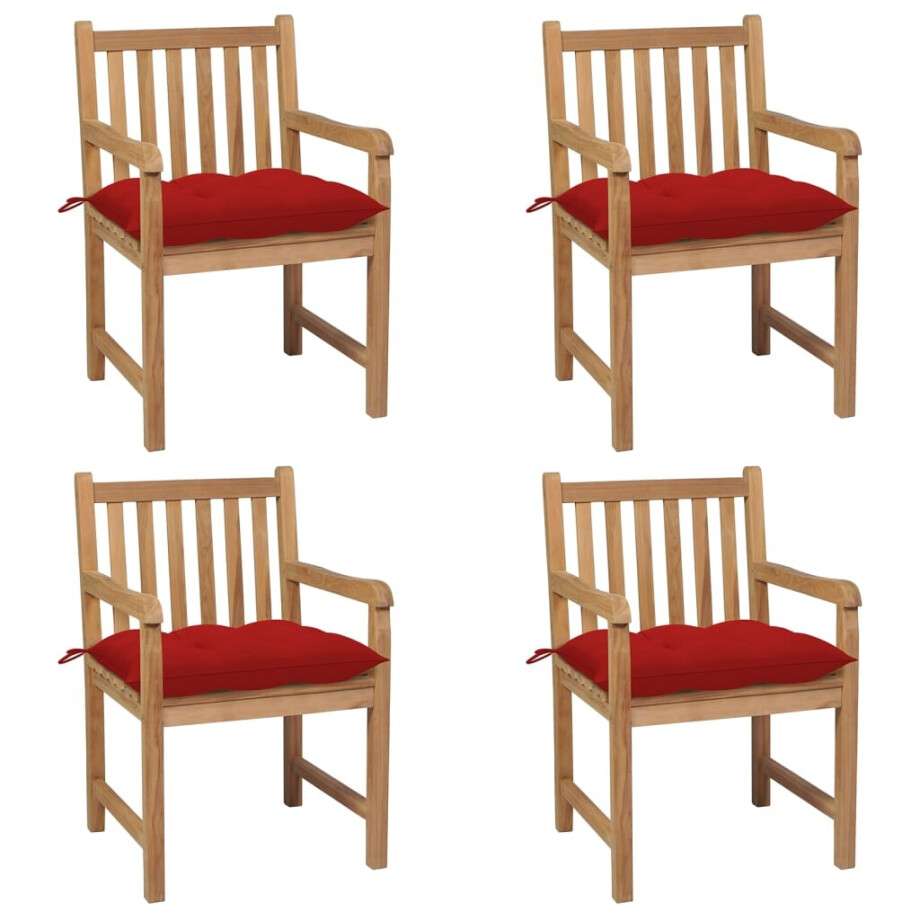 vidaXL Tuinstoelen 4 st met rode kussens massief teakhout afbeelding 1