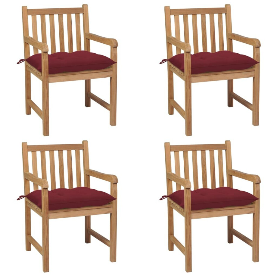 vidaXL Tuinstoelen 4 st met wijnrode kussens massief teakhout afbeelding 1