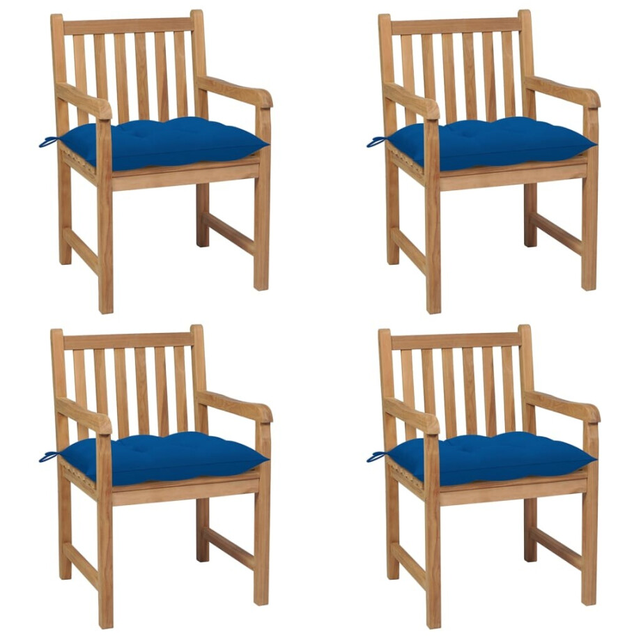 vidaXL Tuinstoelen 4 st met blauwe kussens massief teakhout afbeelding 1