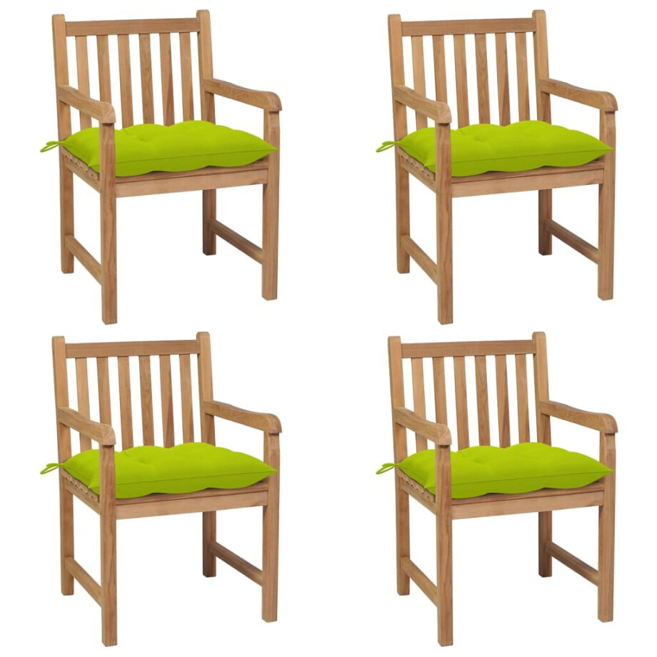 vidaXL Tuinstoelen 4 st met heldergroene kussens massief teakhout afbeelding 1
