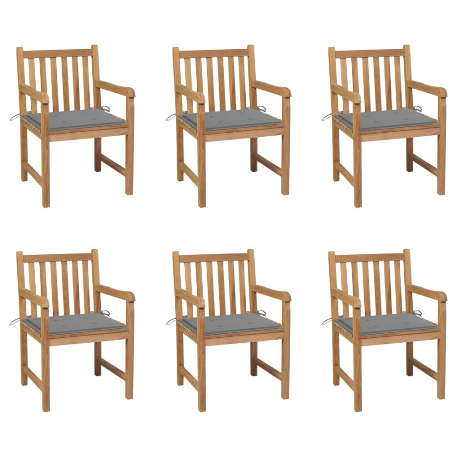 vidaXL Tuinstoelen 6 st met grijze kussens massief teakhout afbeelding 1