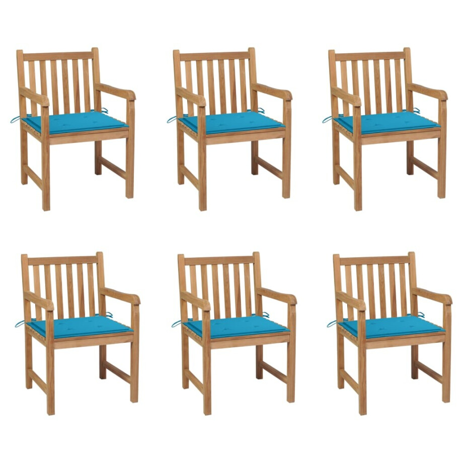 vidaXL Tuinstoelen 6 st met blauwe kussens massief teakhout afbeelding 1