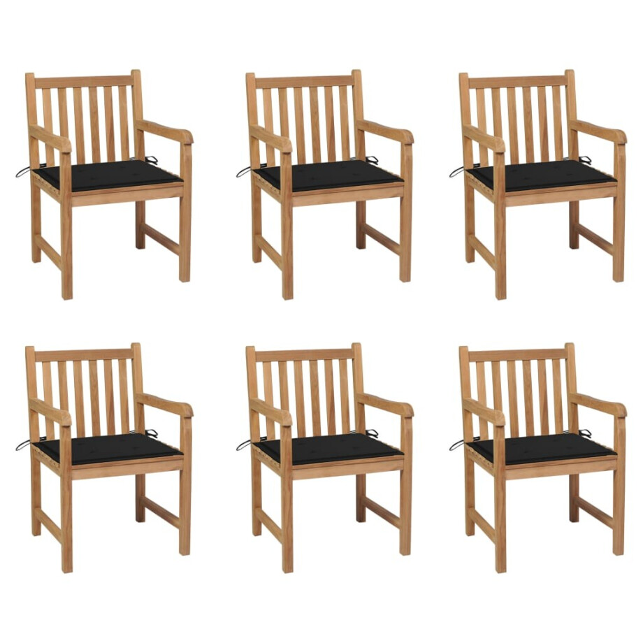 vidaXL Tuinstoelen 6 st met zwarte kussens massief teakhout afbeelding 1