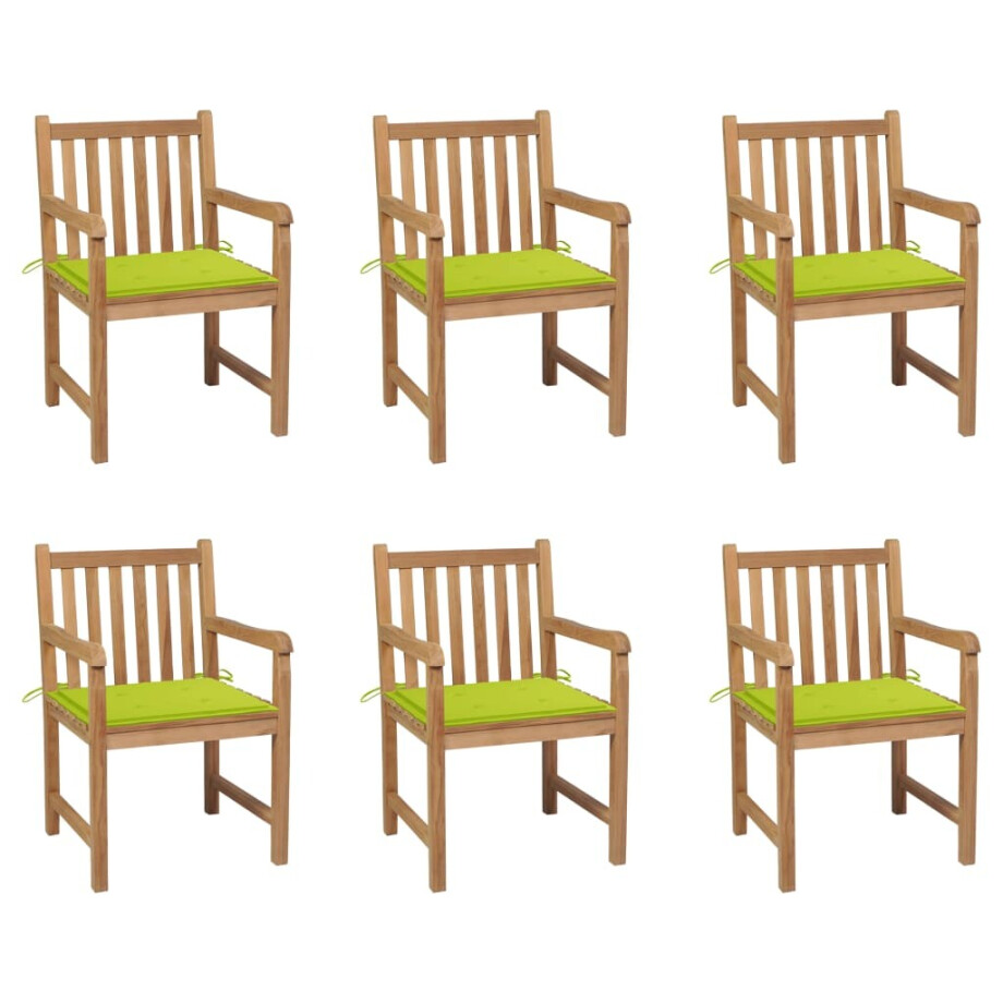 vidaXL Tuinstoelen 6 st met heldergroene kussens massief teakhout afbeelding 1