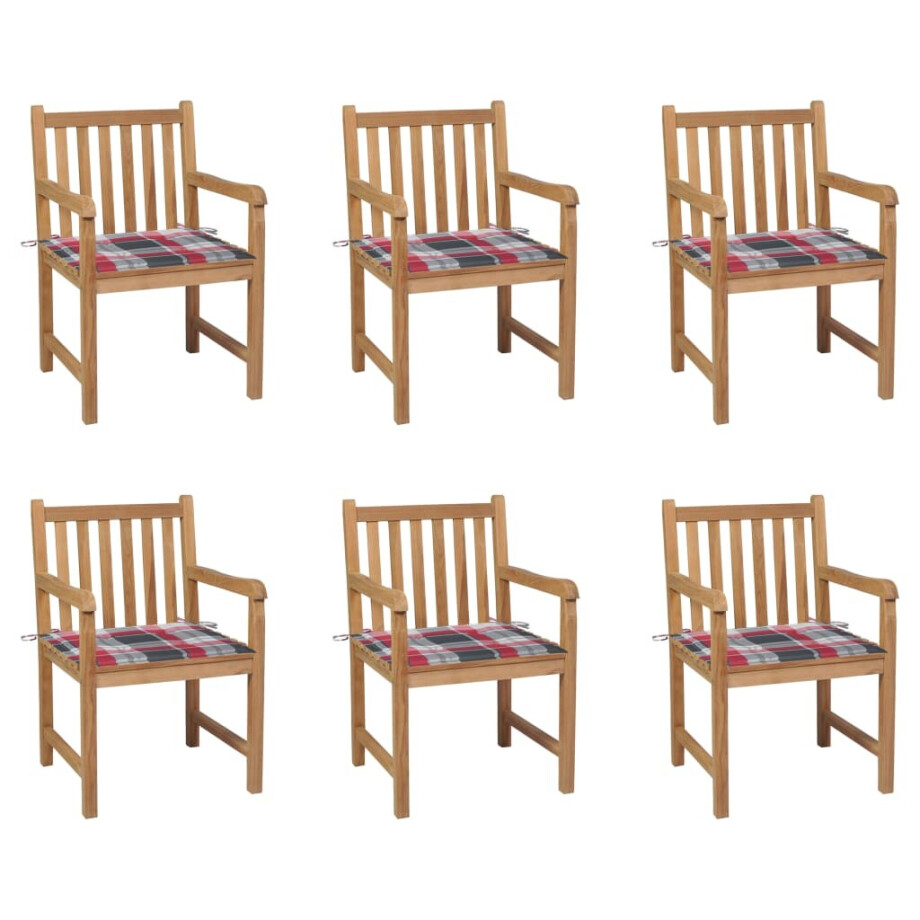 vidaXL Tuinstoelen 6 st met rood geruite kussens massief teakhout afbeelding 1