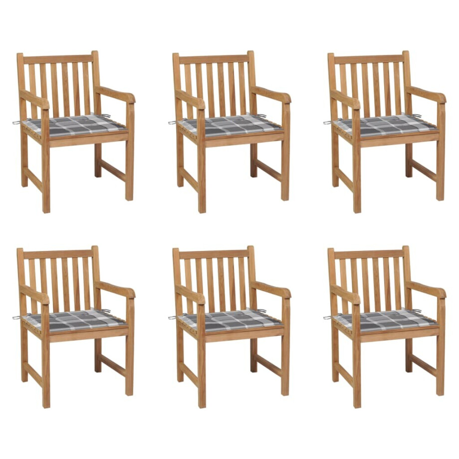 vidaXL Tuinstoelen 6 st met grijs geruite kussens massief teakhout afbeelding 1