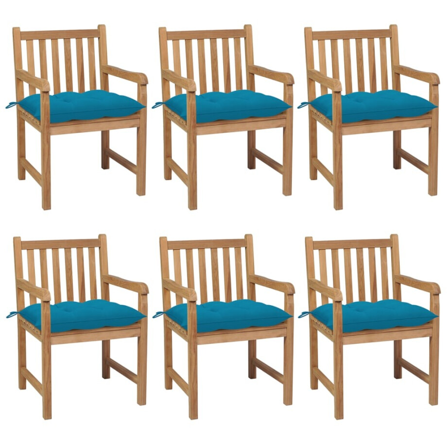 vidaXL Tuinstoelen 6 st met lichtblauwe kussens massief teakhout vidaXL Tuinstoelen 6 st met lichtblauwe kussens massief teakhout afbeelding 1