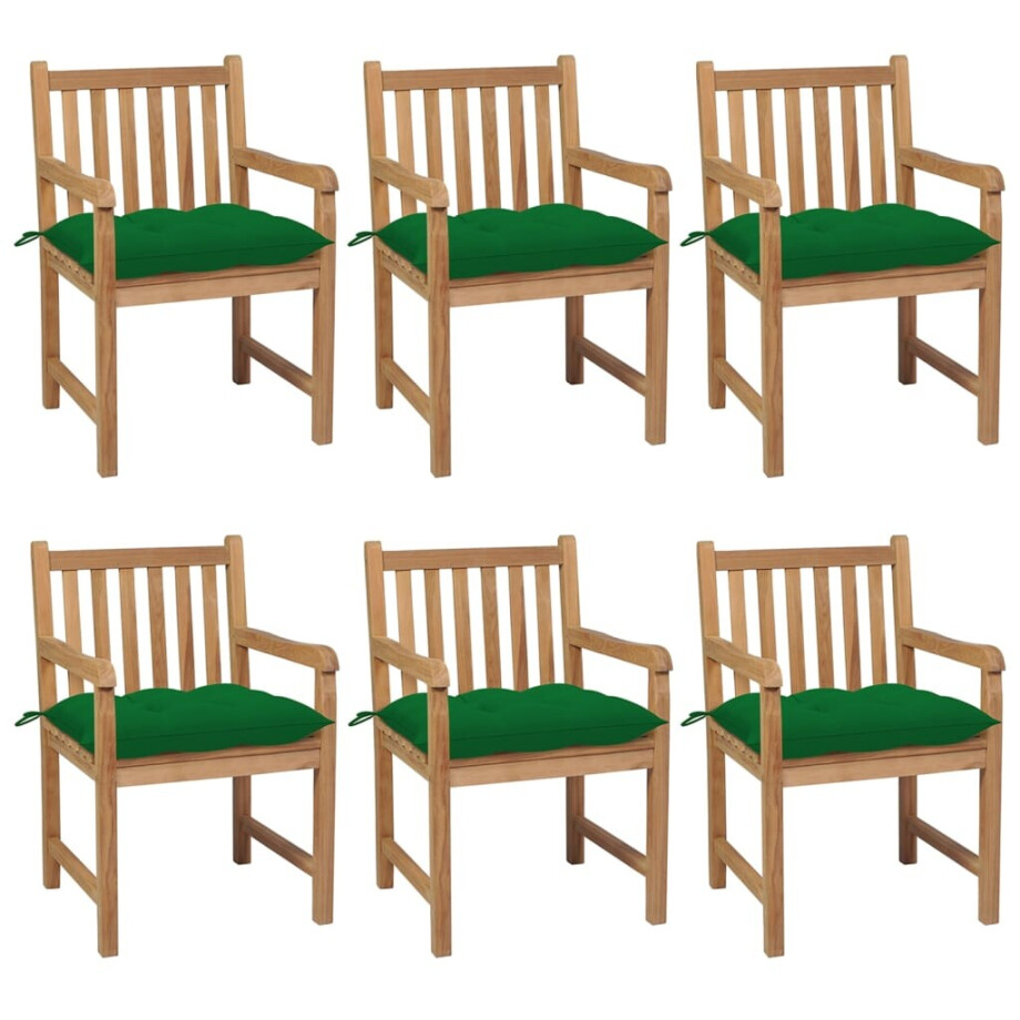 vidaXL Tuinstoelen 6 st met groene kussens massief teakhout afbeelding 1