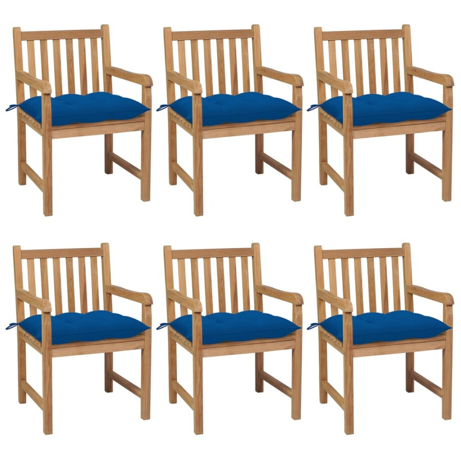 vidaXL Tuinstoelen 6 st met blauwe kussens massief teakhout afbeelding 1