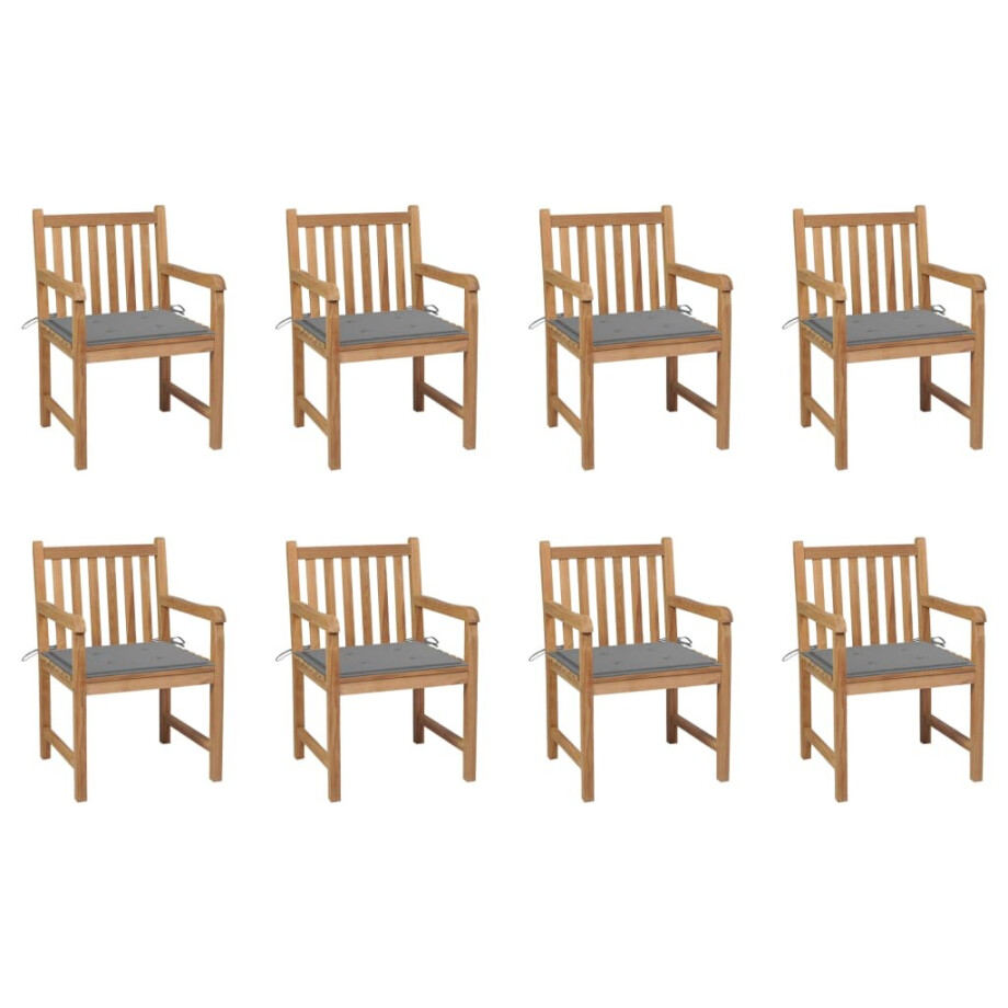 vidaXL Tuinstoelen 8 st met grijze kussens massief teakhout afbeelding 1