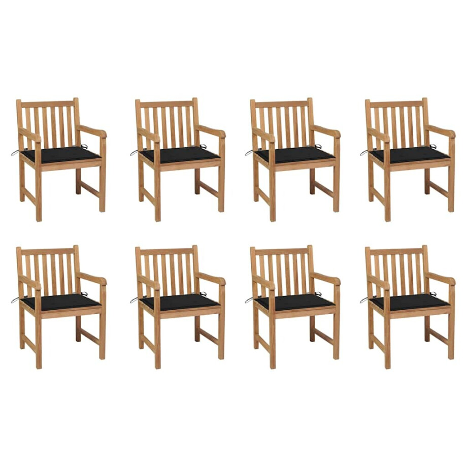 vidaXL Tuinstoelen 8 st met zwarte kussens massief teakhout afbeelding 1