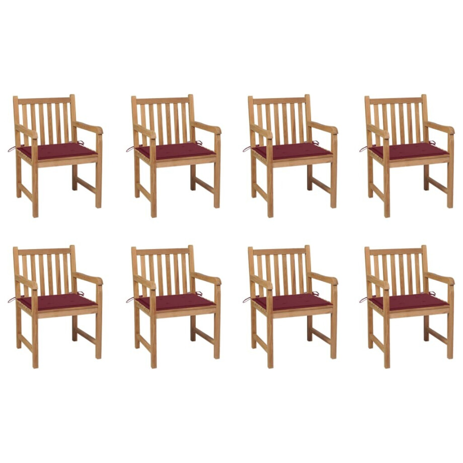vidaXL Tuinstoelen 8 st met wijnrode kussens massief teakhout afbeelding 1