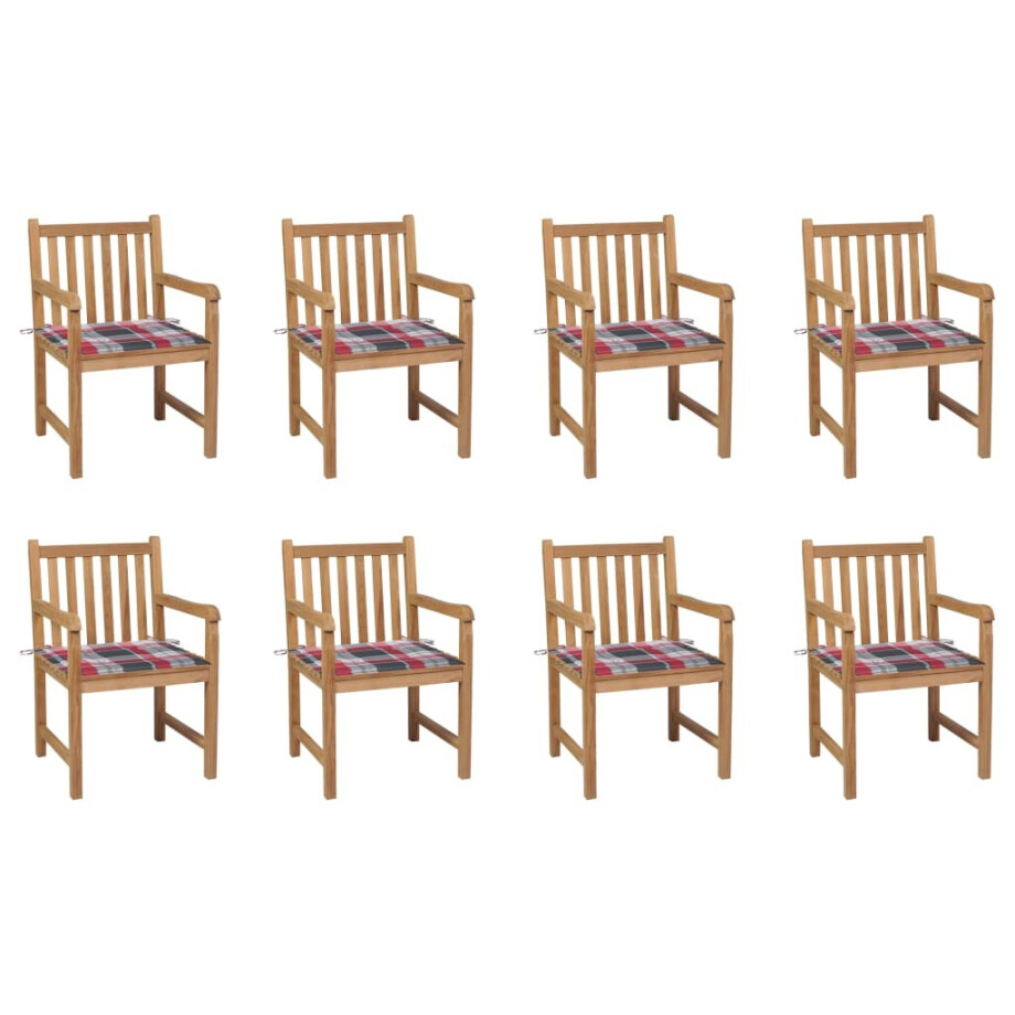 vidaXL Tuinstoelen 8 st met rood geruite kussens massief teakhout afbeelding 1