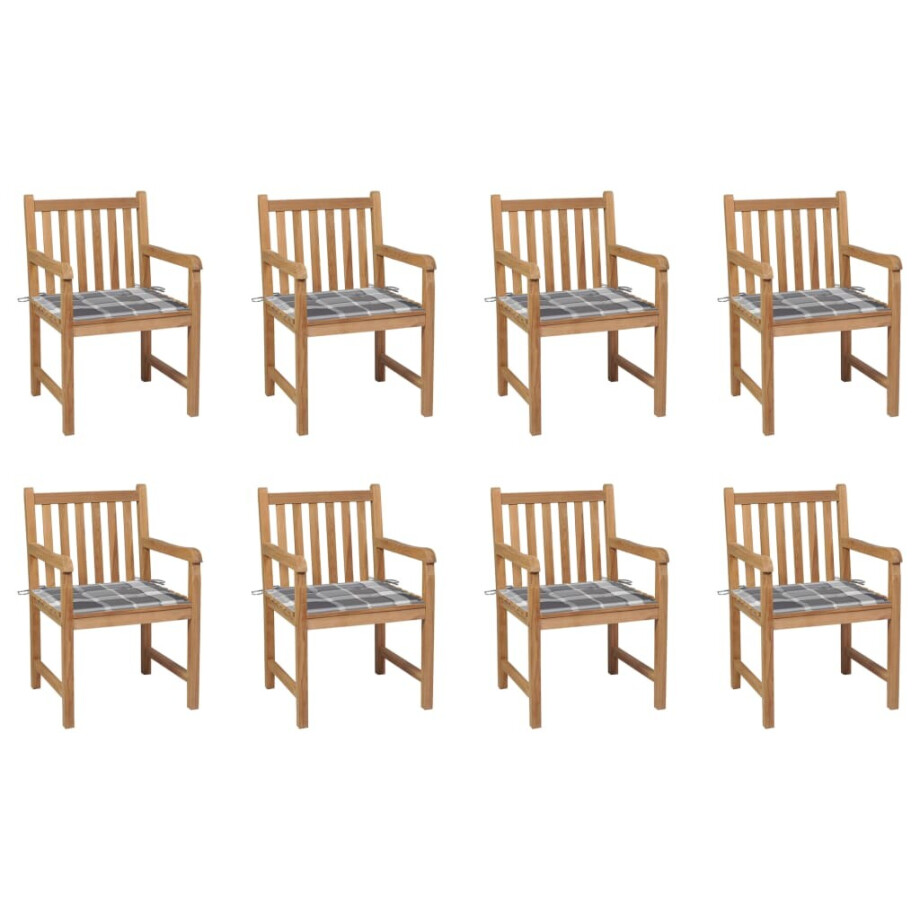 vidaXL Tuinstoelen 8 st met grijs geruite kussens massief teakhout afbeelding 1