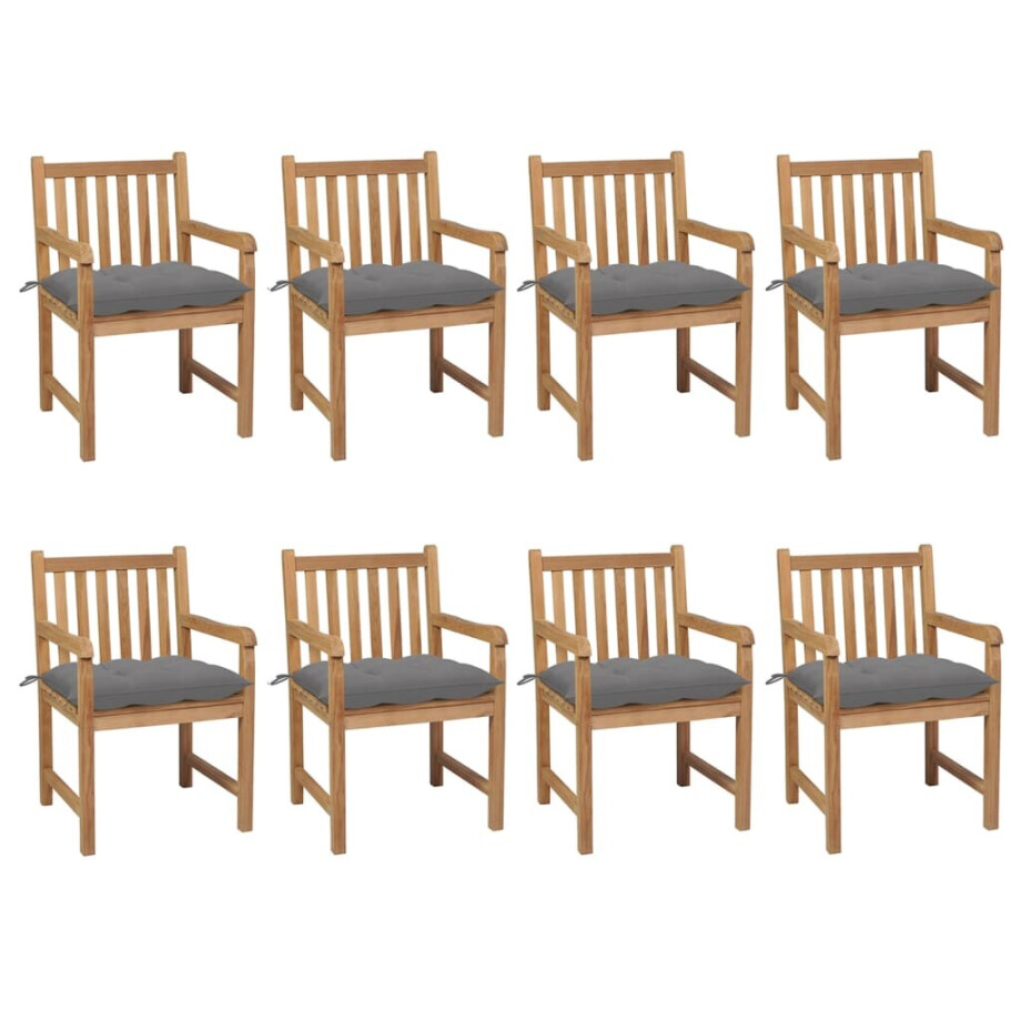 vidaXL Tuinstoelen 8 st met grijze kussens massief teakhout afbeelding 1