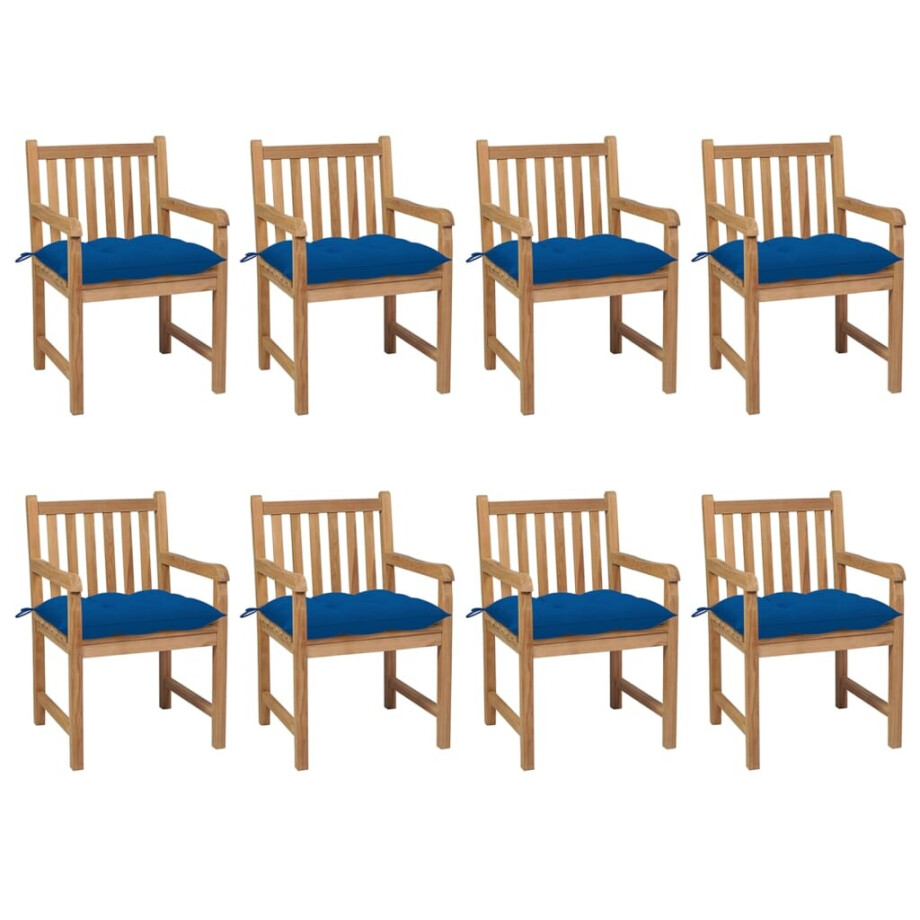 vidaXL Tuinstoelen 8 st met blauwe kussens massief teakhout afbeelding 1