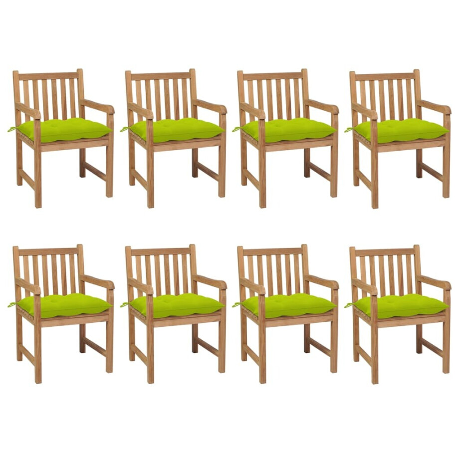 vidaXL Tuinstoelen 8 st met heldergroene kussens massief teakhout afbeelding 1
