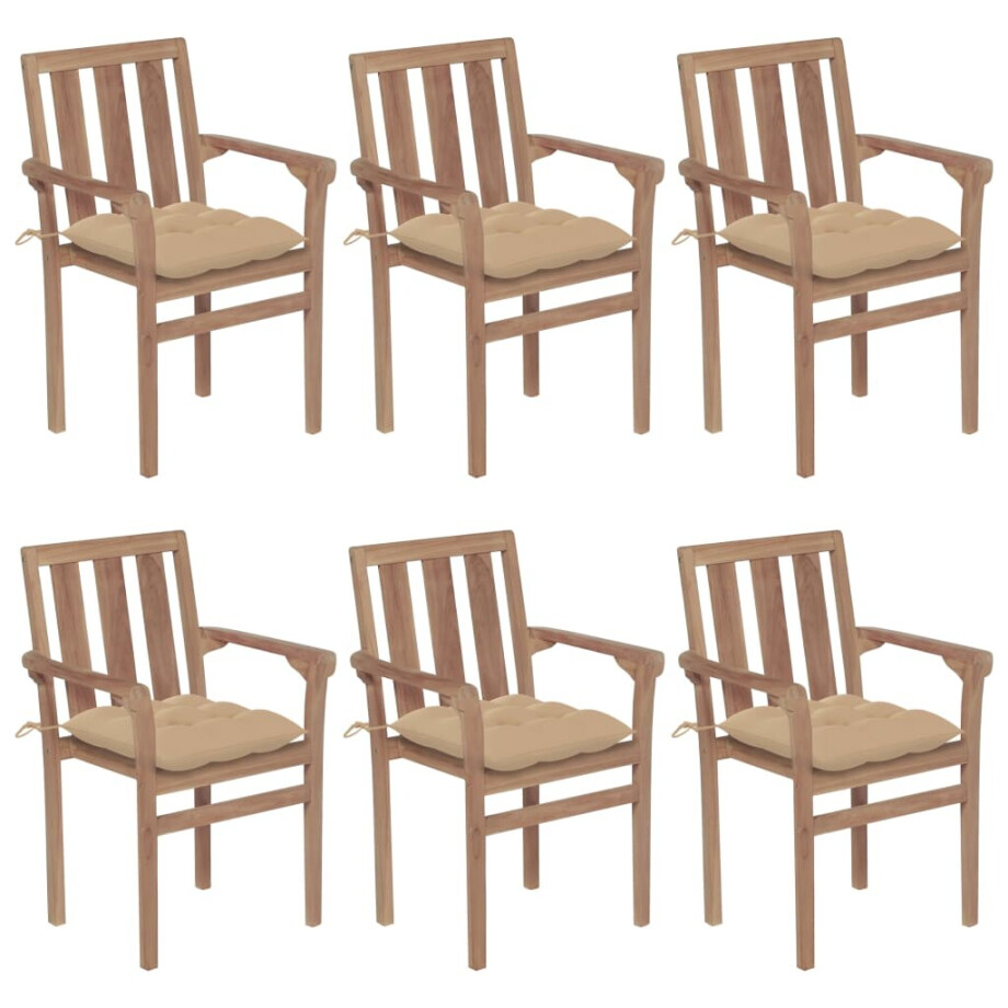 vidaXL Tuinstoelen stapelbaar 6 st met kussens massief teakhout afbeelding 1