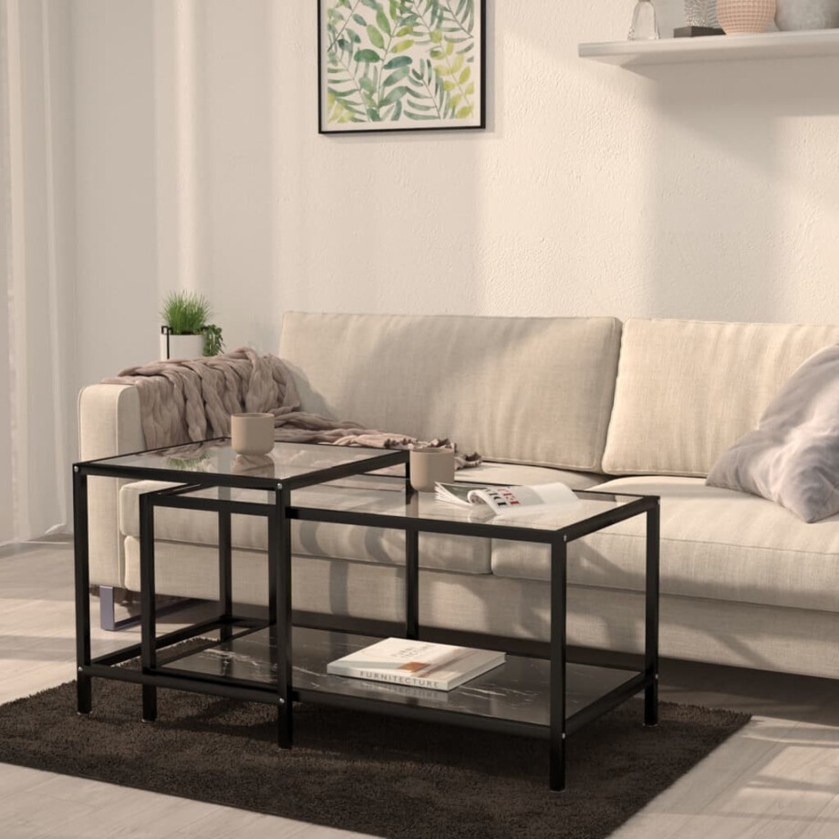 vidaXL 2-delige Salontafelset gehard glas zwart afbeelding 1