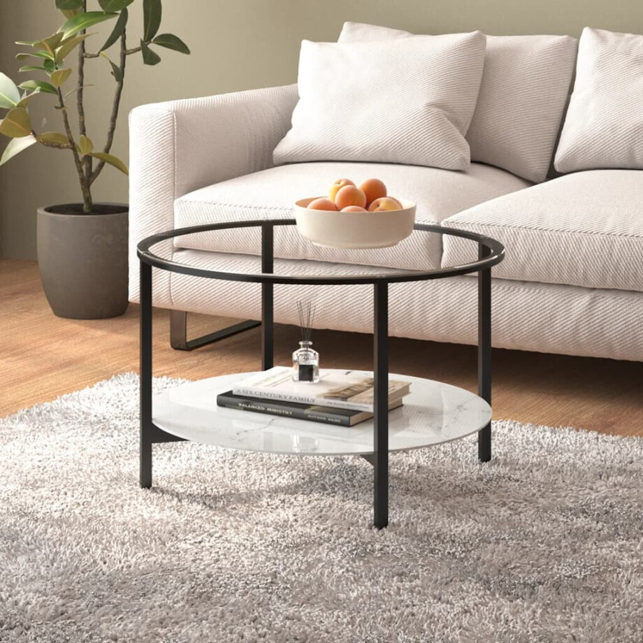vidaXL Salontafel 70 cm gehard glas zwart en witmarmer afbeelding 1