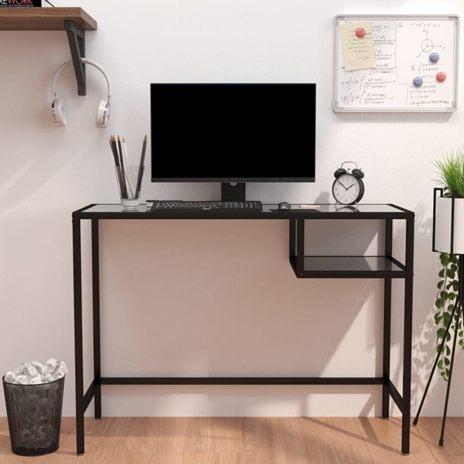 vidaXL Computerbureau 100x36x74 cm gehard glas zwartmarmerkleurig afbeelding 1