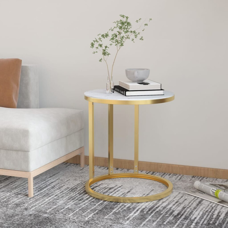 vidaXL Bijzettafel 45 cm gehard glas goudkleurig en witmarmer afbeelding 1