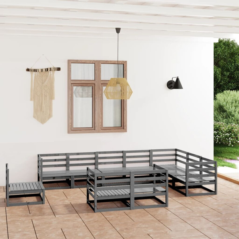 vidaXL 10-delige Loungeset massief grenenhout grijs afbeelding 1