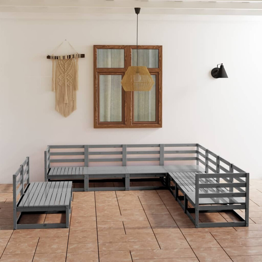 vidaXL 9-delige Loungeset massief grenenhout grijs afbeelding 1