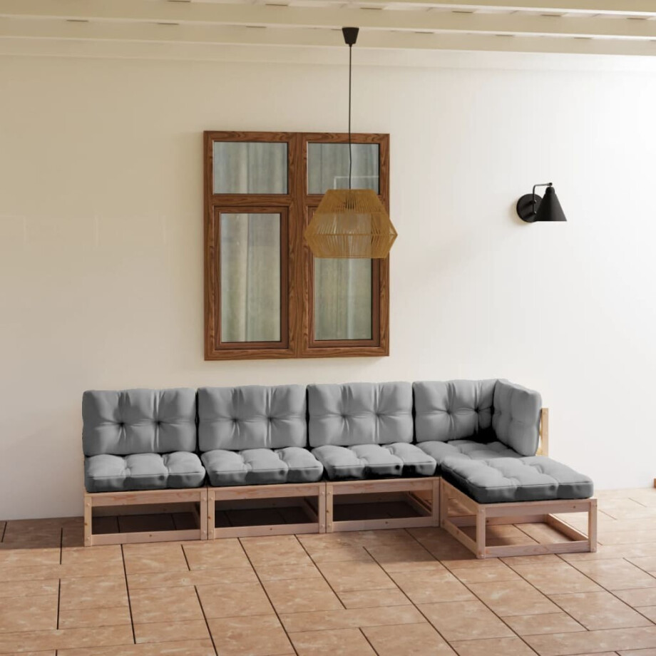 vidaXL 5-delige Loungeset met kussens massief grenenhout vidaXL 5-delige Loungeset met kussens massief grenenhout afbeelding 1
