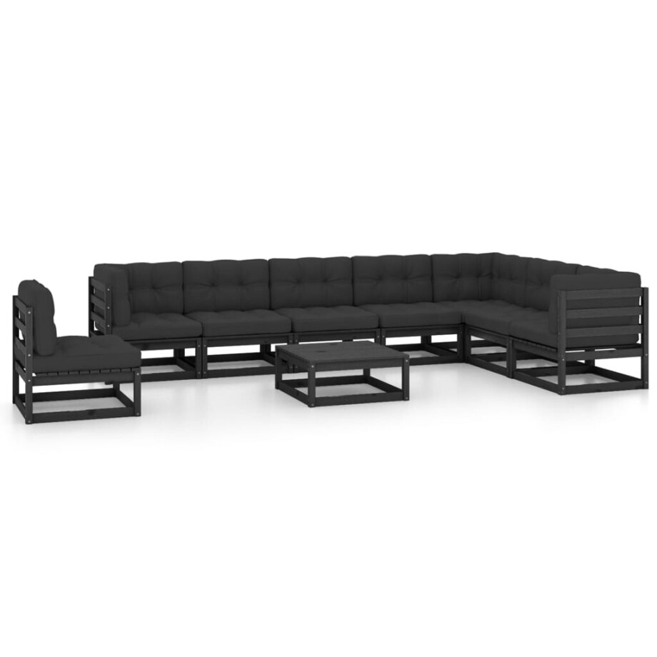 vidaXL 9-delige Loungeset met kussens massief grenenhout zwart vidaXL 9-delige Loungeset met kussens massief grenenhout zwart afbeelding 1