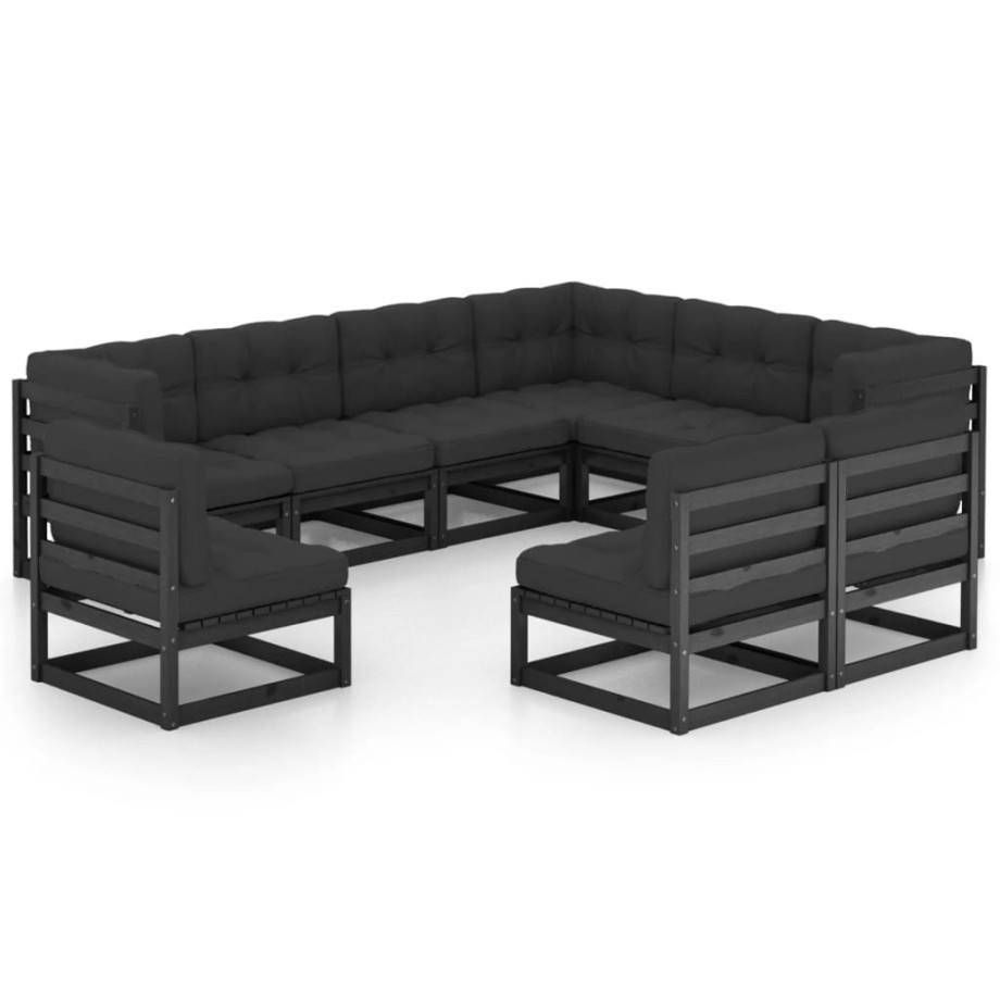 vidaXL 9-delige Loungeset met kussens massief grenenhout zwart afbeelding 1