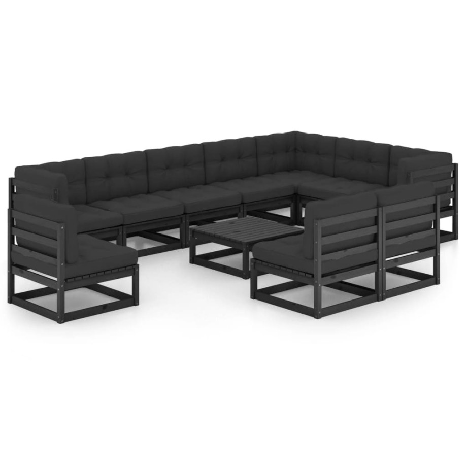 vidaXL 11-delige Loungeset met kussens massief grenenhout zwart afbeelding 1