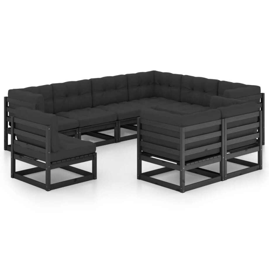 vidaXL 9-delige Loungeset met kussens massief grenenhout zwart vidaXL 9-delige Loungeset met kussens massief grenenhout zwart afbeelding 1