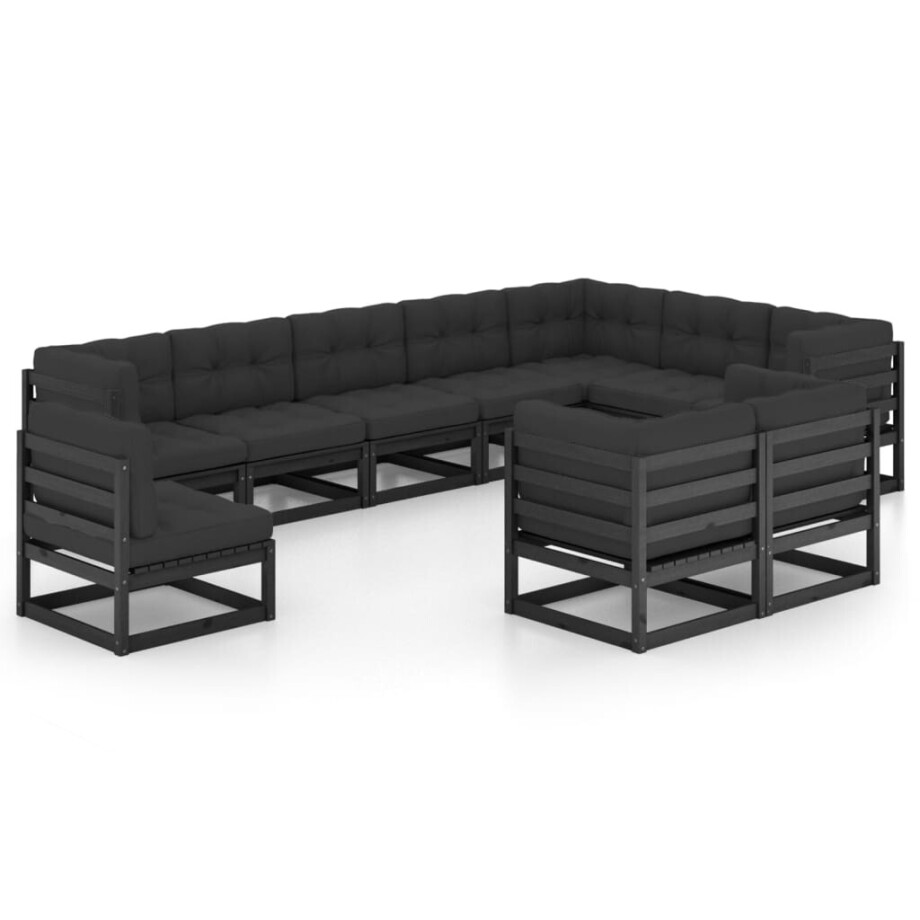 vidaXL 10-delige Loungeset met kussens massief grenenhout zwart vidaXL 10-delige Loungeset met kussens massief grenenhout zwart afbeelding 1