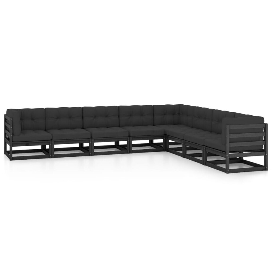vidaXL 8-delige Loungeset met kussens massief grenenhout zwart afbeelding 1