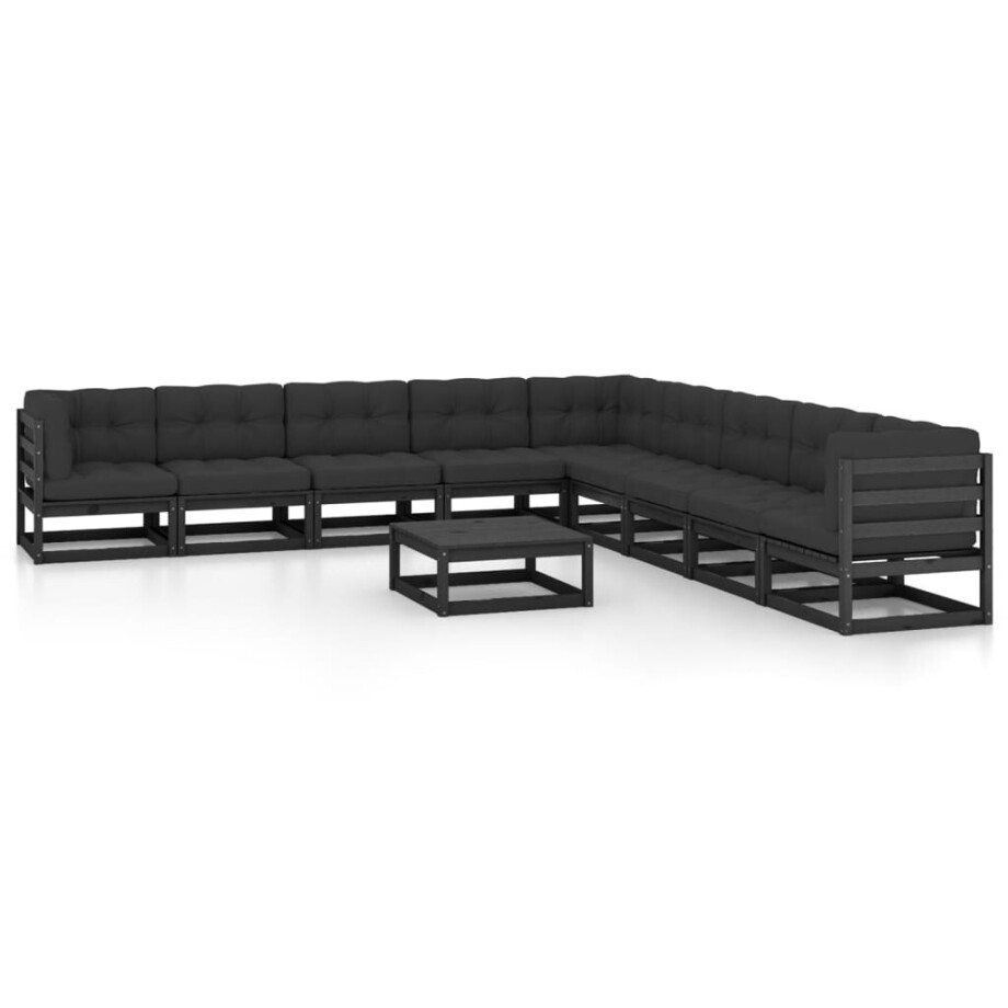 vidaXL 10-delige Loungeset met kussens massief grenenhout zwart afbeelding 1