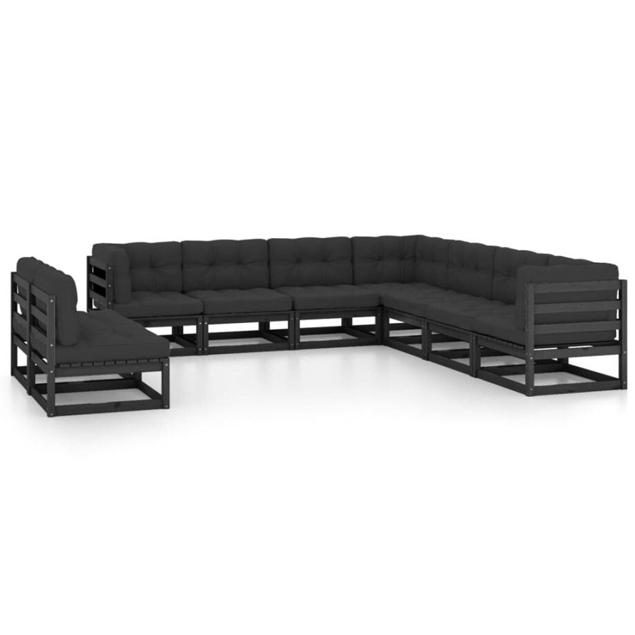 vidaXL 9-delige Loungeset met kussens massief grenenhout zwart afbeelding 1