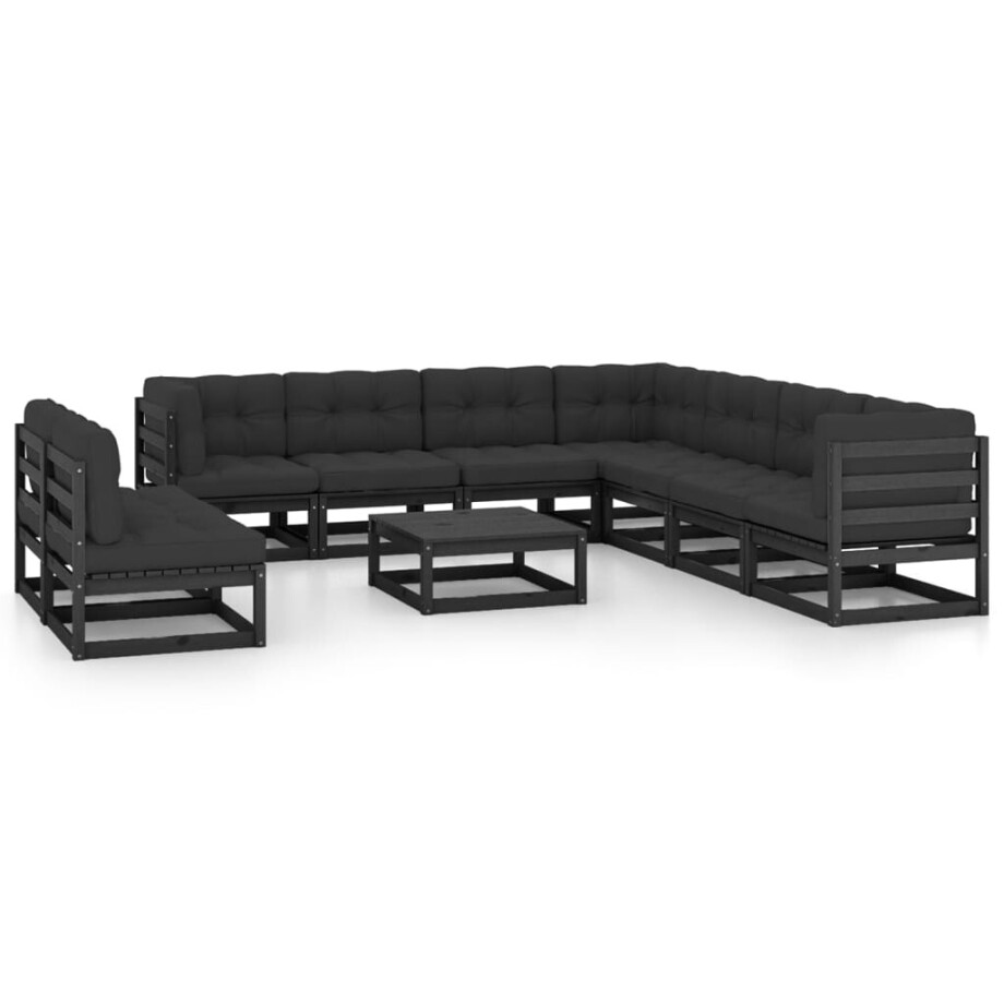 vidaXL 10-delige Loungeset met kussens massief grenenhout zwart afbeelding 1
