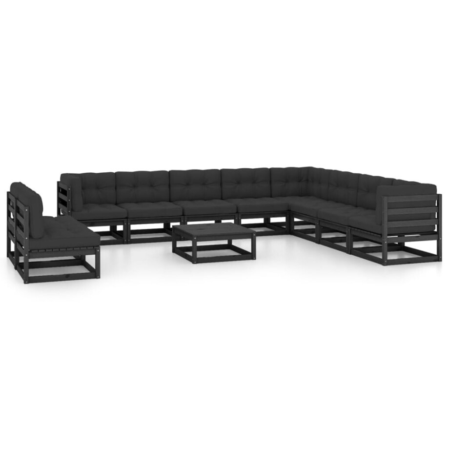 vidaXL 11-delige Loungeset met kussens massief grenenhout zwart afbeelding 1