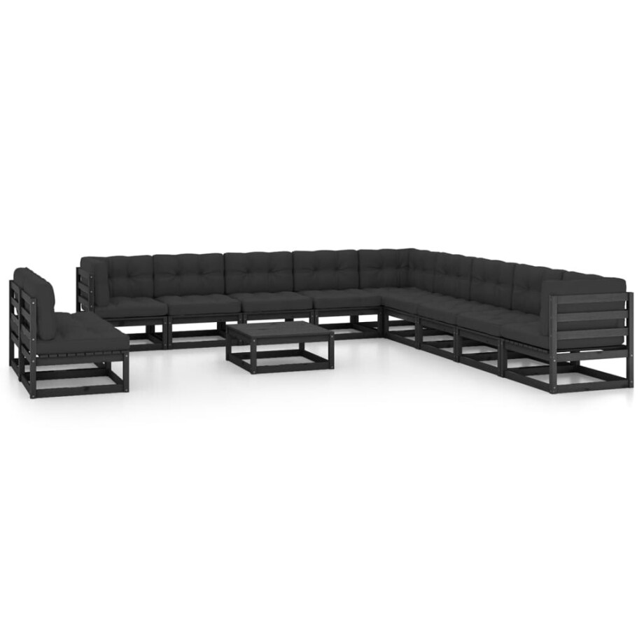 vidaXL 12-delige Loungeset met kussens massief grenenhout zwart afbeelding 1