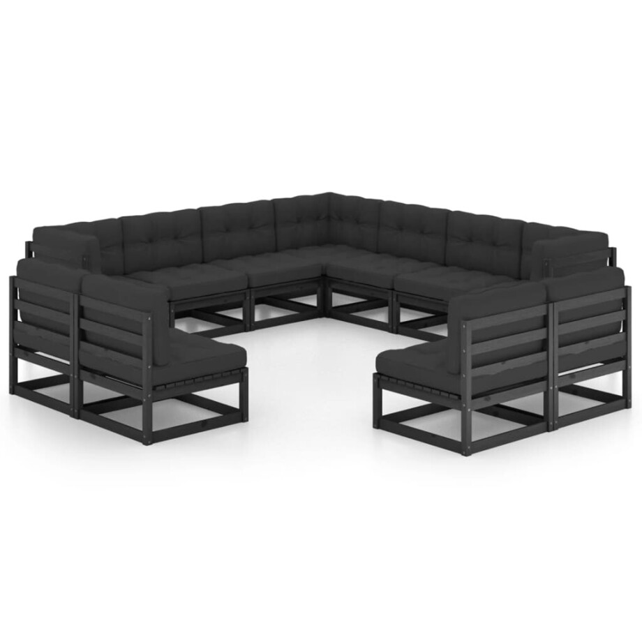 vidaXL 11-delige Loungeset met kussens massief grenenhout zwart afbeelding 1
