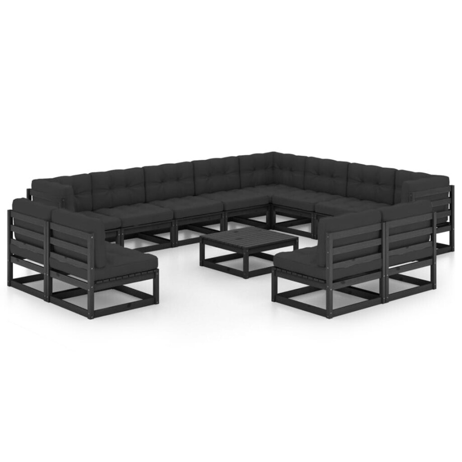 vidaXL 13-delige Loungeset met kussens massief grenenhout zwart afbeelding 1