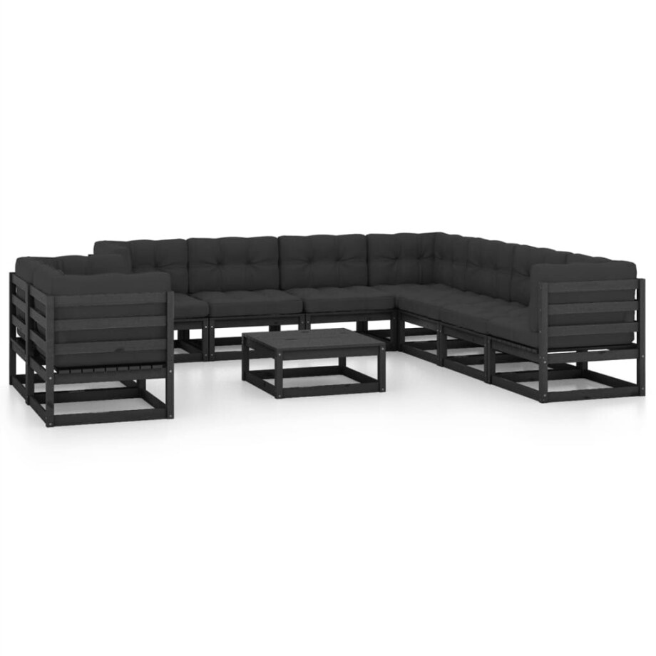 vidaXL 10-delige Loungeset met kussens massief grenenhout zwart afbeelding 1